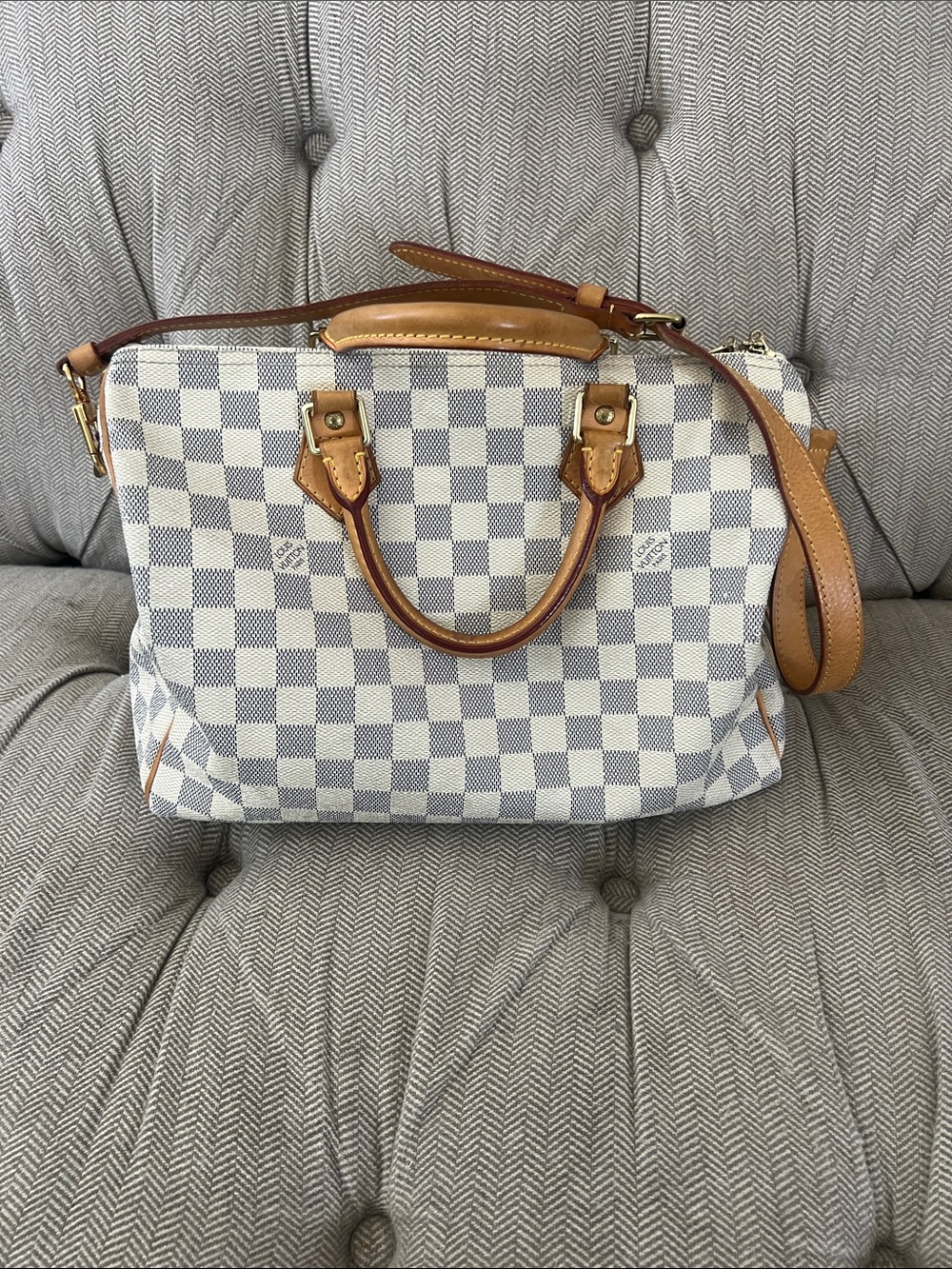 Louis Vuitton Cream/Gray Damier Azur Satchel with Tan Leather Trim.Used. - Picture 6 of 8